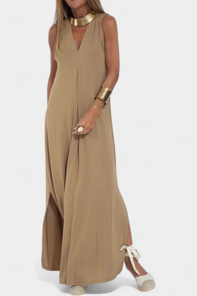 Vestido Maxi Sin Mangas Felisa en Color Sólido con Silueta Elegante