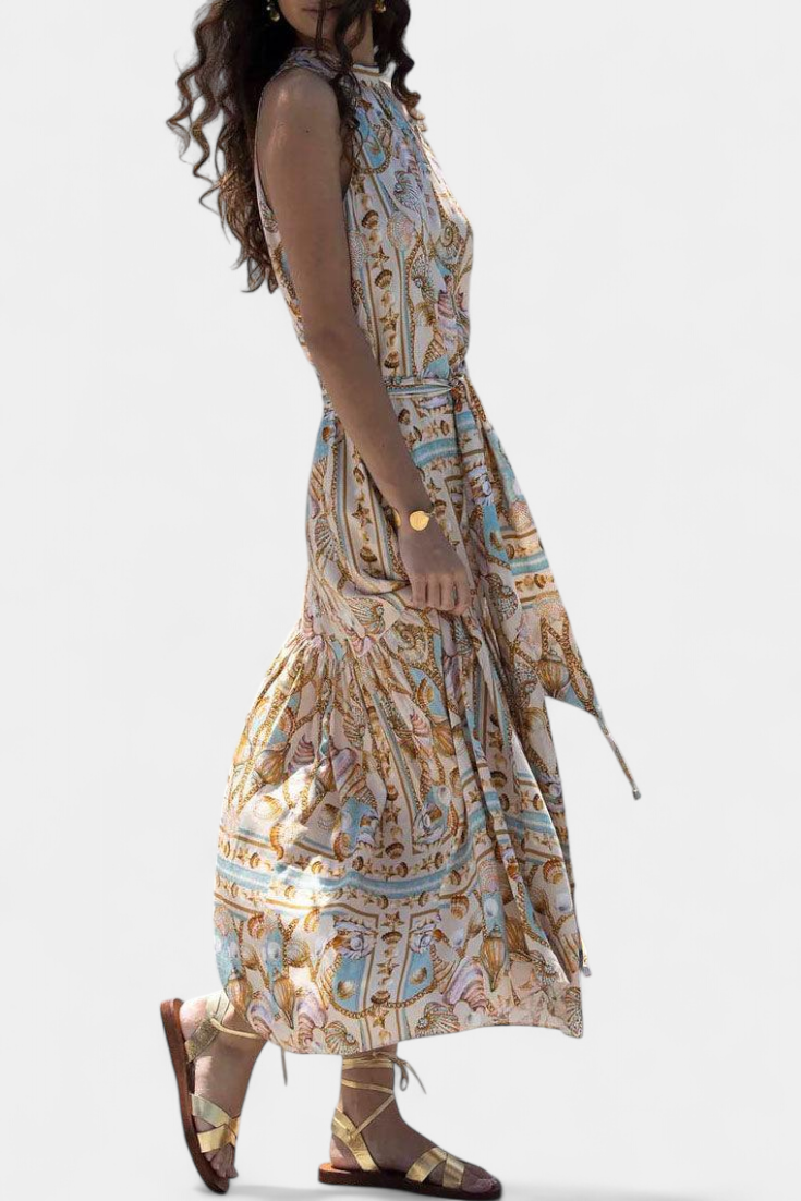 Vestido Largo Silky Teófila con Estampado de Tesoros Marinos