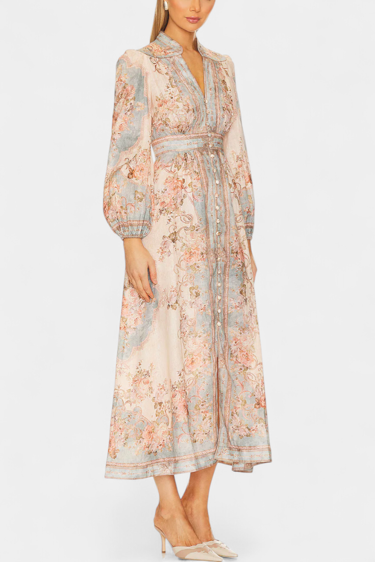 Dorotila Vestido Maxi Acampanado con Estampado Floral, Botones y Mangas Abullonadas