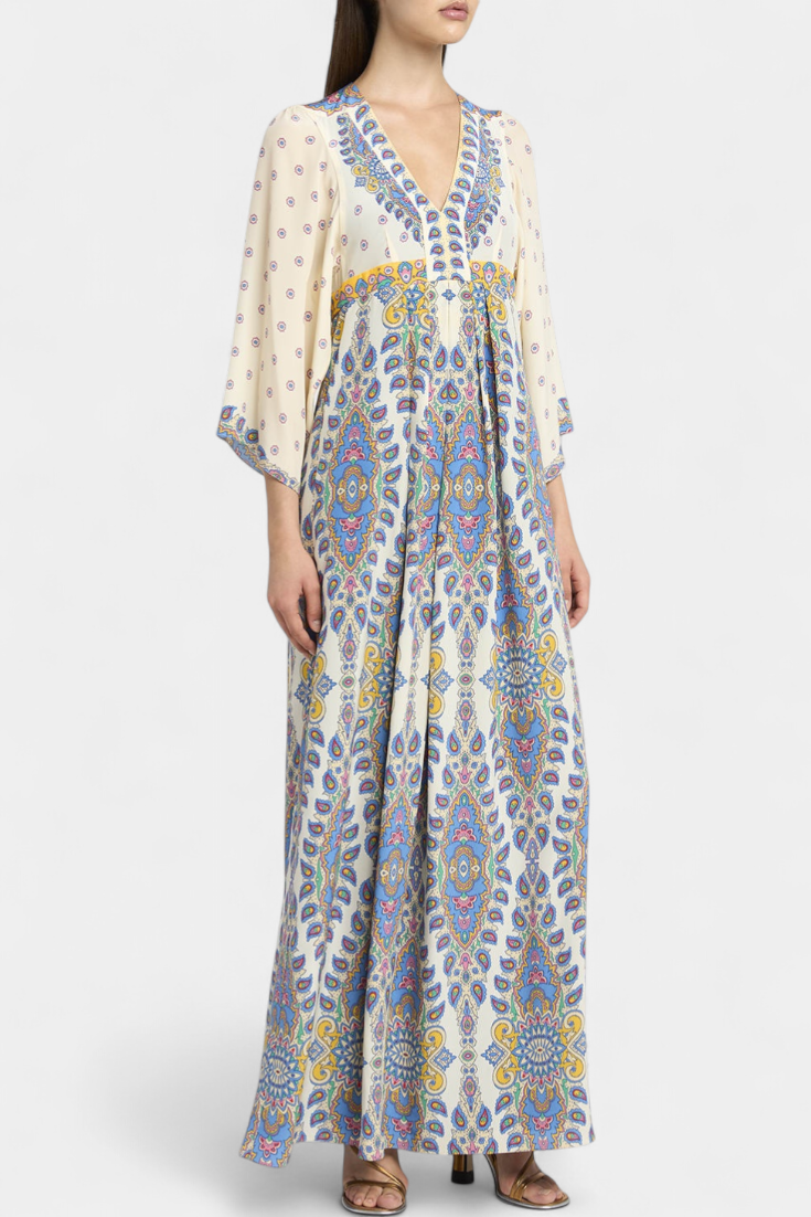 Vestido Largo Elegante con Escote en V y Estampado Paisley para Novias