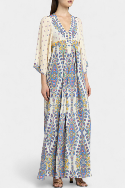 Vestido Largo Elegante con Escote en V y Estampado Paisley para Novias