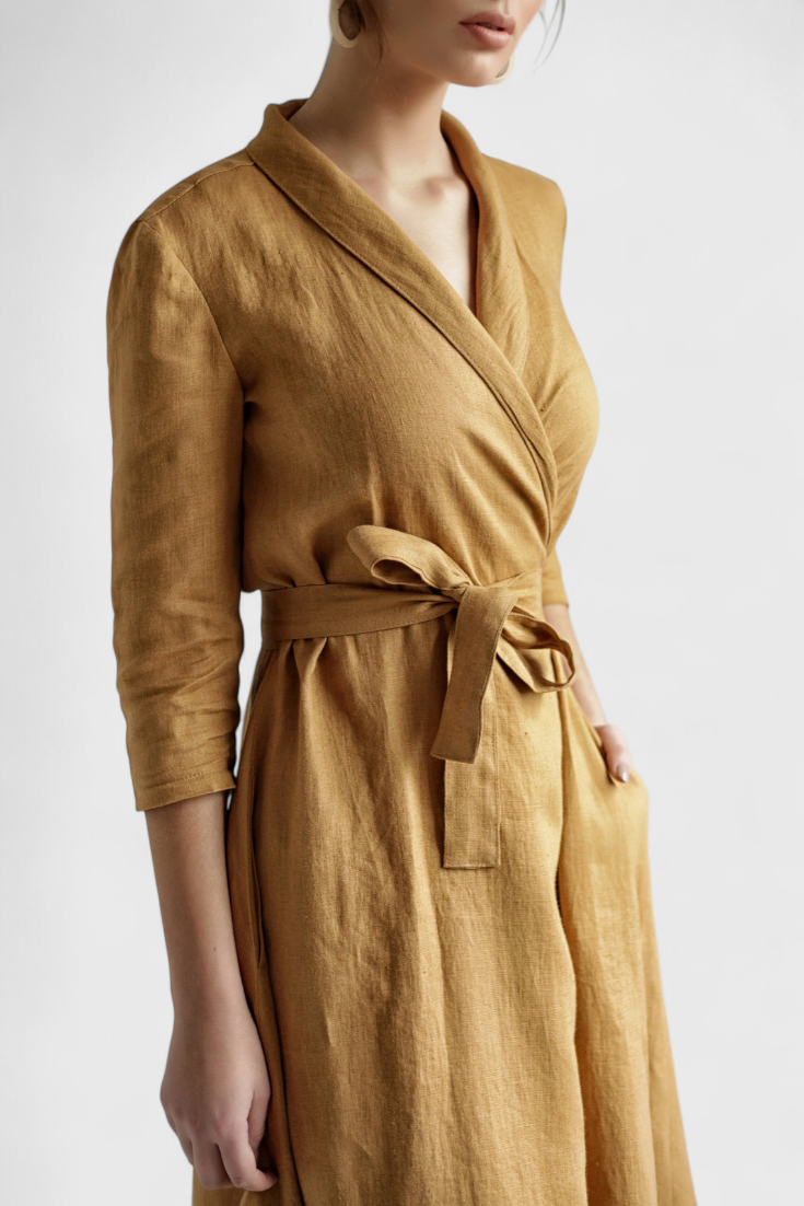 Vestido Midi Vintage Sharon de Algodón y Lino con Cuello Solapa