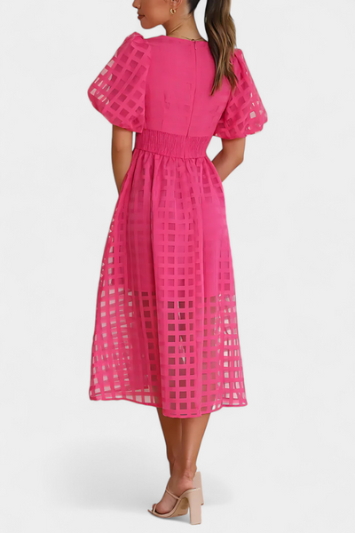 Vestido Midi Marigold de Manga Abullonada con Diseño de Cuadrados