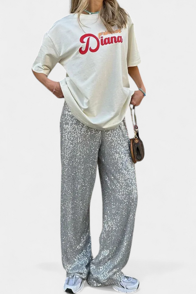 Elva Pantalones Holgados de Cintura Alta con Lentejuelas