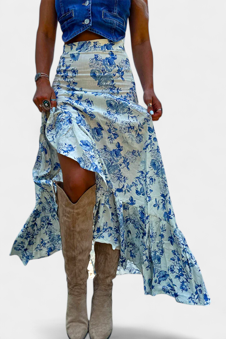 Maxi Falda Floral Kala con Abertura y Volantes