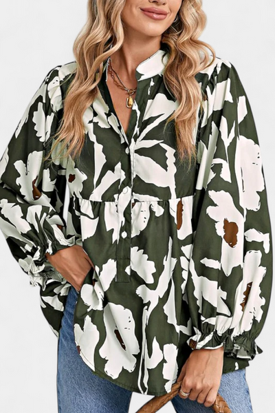 Filomena Blusa de Media Botonadura con Manga Abullonada en Estampado Floral Abstracto