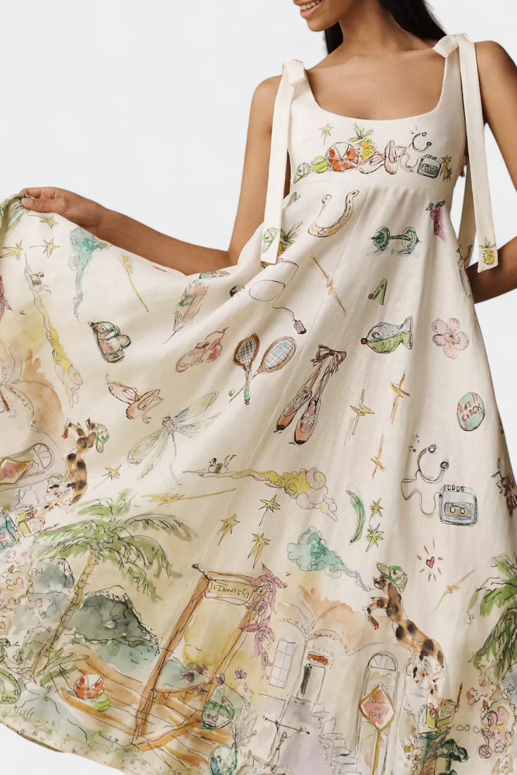Vestido Largo con Cordones y Estampado Floral de Fantasía
