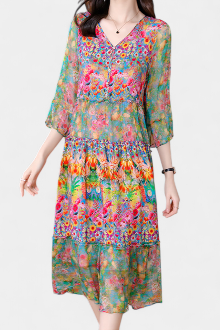 Kate Vestido Midi Ligero con Estampado Floral Artístico
