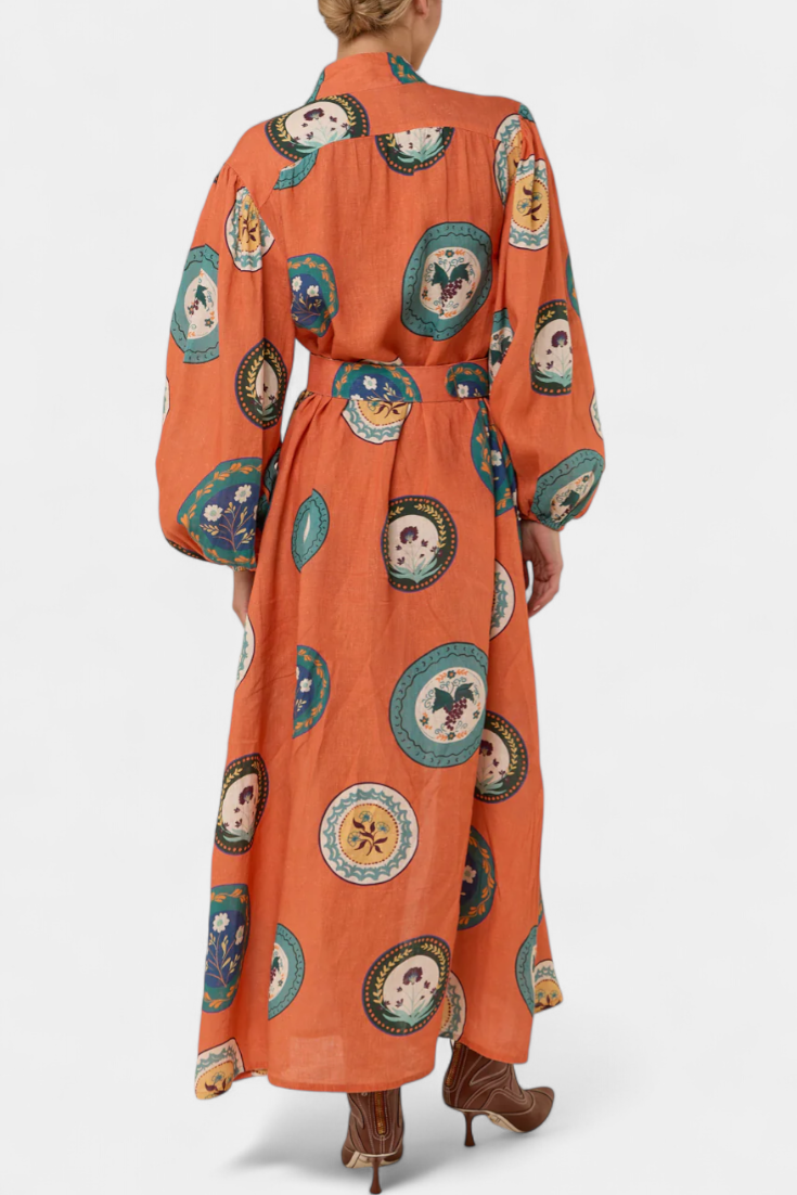 Sibley Vestido Maxi de Lino con Estampado Único y Cinturón