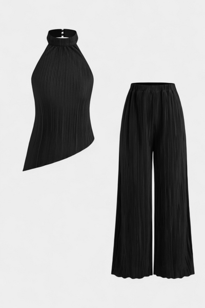 Pilarica Conjunto de Top Halter Asimétrico y Pantalón Fluido con Pliegues
