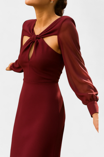 Vestido Midi Burdeos Julissa con Detalle Anudado y Espalda Descubierta