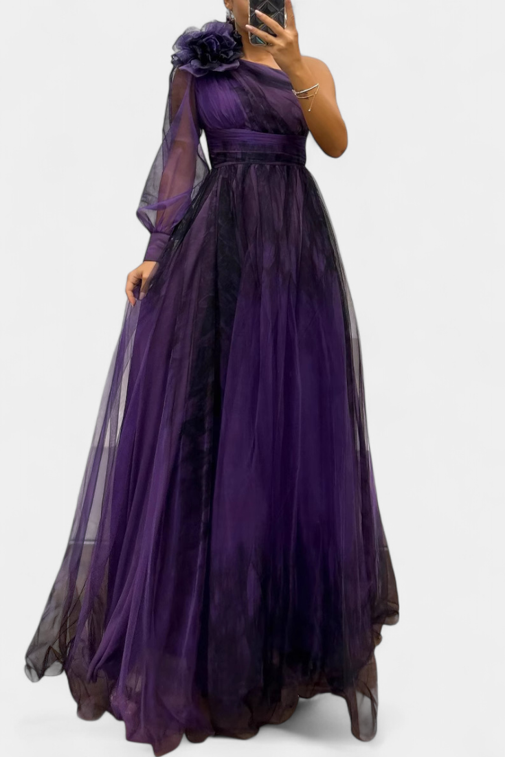 Vestido Maxi de Chiffón Becca con Hombros Descubiertos y Flor Voluminosa