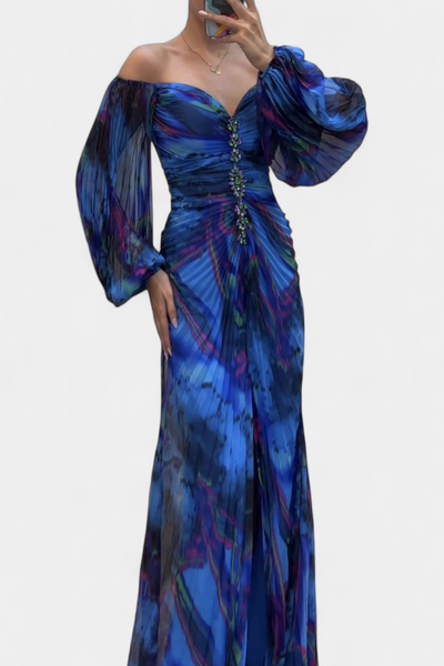 Vestido Maxi Plisado Quintessa con Mangas Largas y Estampado Colorido