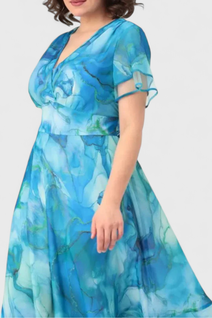 Vestido de Gasa Azul Almira con Estampado de Acuarela