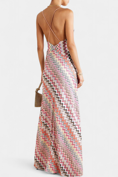 Vestido Largo de Punto Multicolor con Escote Profundo y Espalda Cruzada - Francia