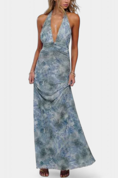 Vestido Maxi de Lunares Melodía con Escote Halter y Cintura Ajustada