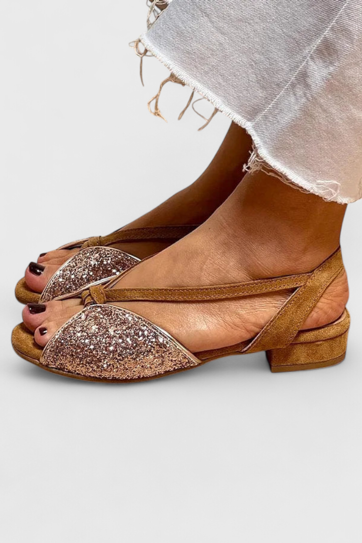 Dobrava Sandalias Sofia Peep-Toe con Brillantes Detalles y Tacón Bajo