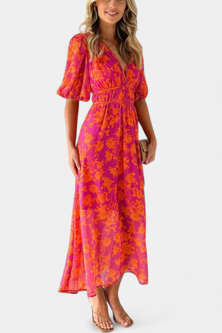 Vestido Midi Floral Wren con Escote en V y Mangas Abullonadas