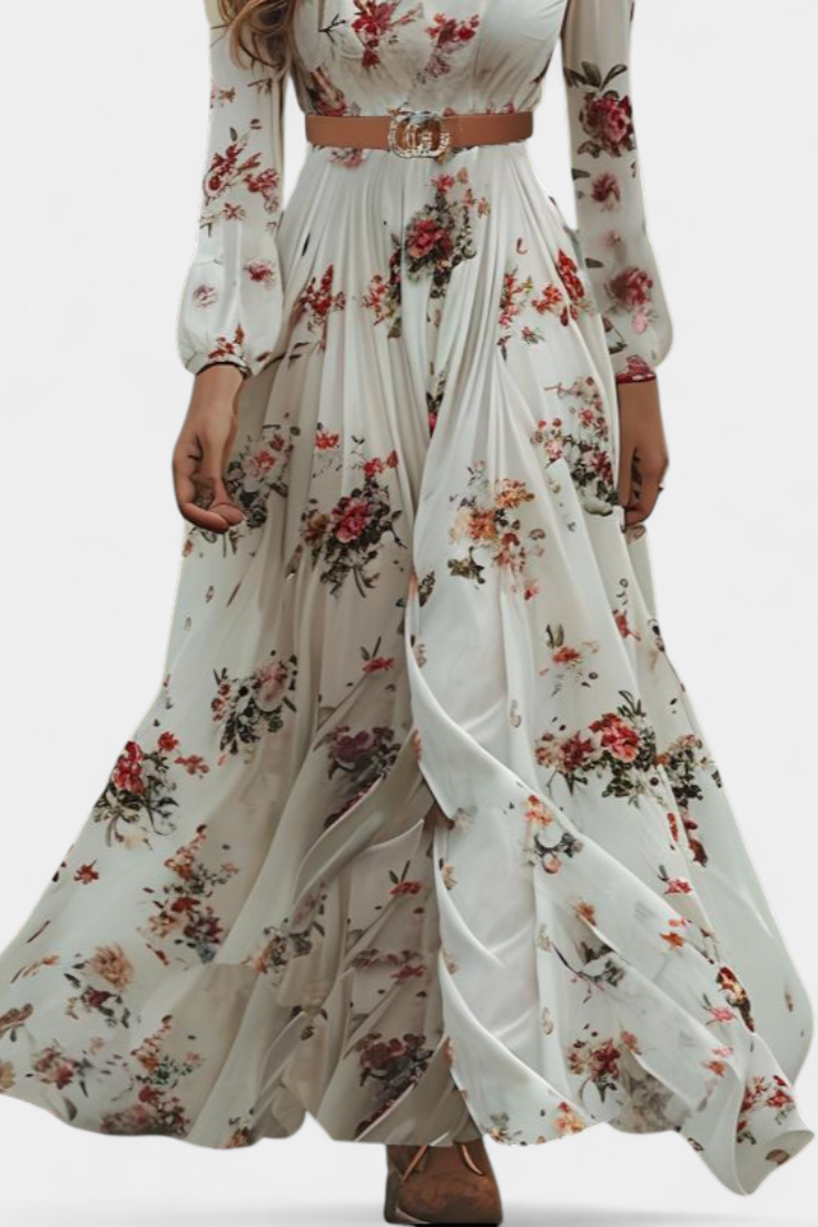 Vestido Maxi Floral Amanda con Cuello en V y Mangas Largas