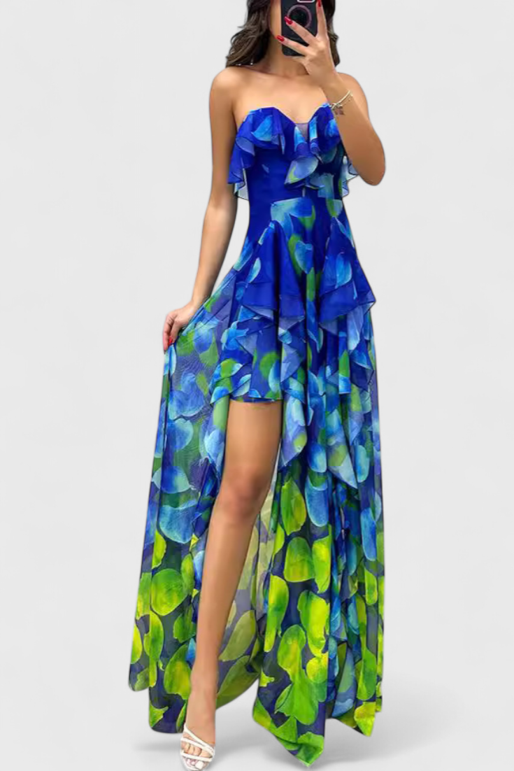 Vestido Maxi Sin Mangas Andy con Capas de Volantes y Abertura en Gradiente