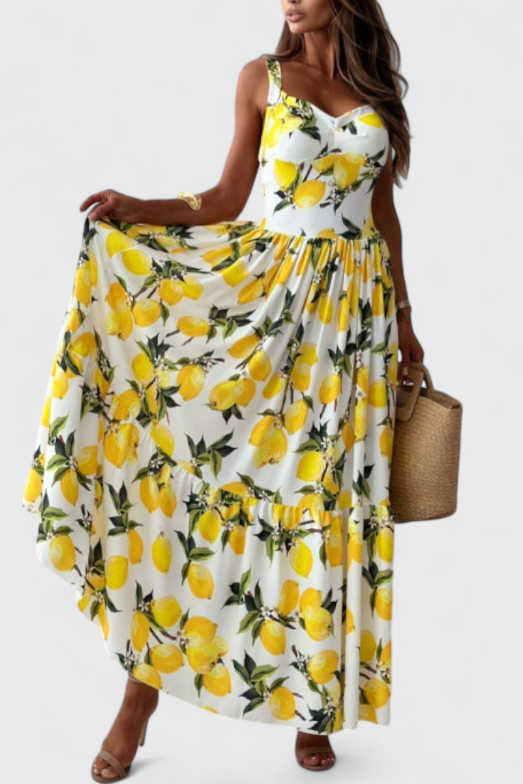 Huda Vestido Maxi de Limones con Tirantes y Abertura Lateral