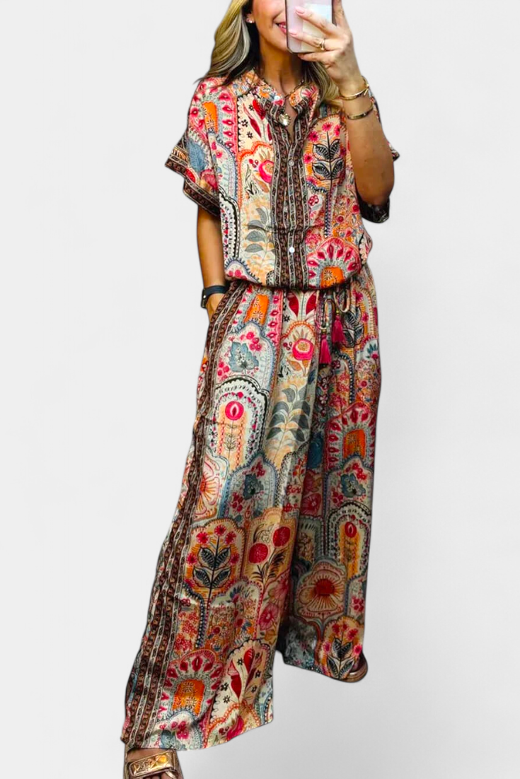Conjunto Boho Hallie: Blusa con Flecos y Pantalones Anchos