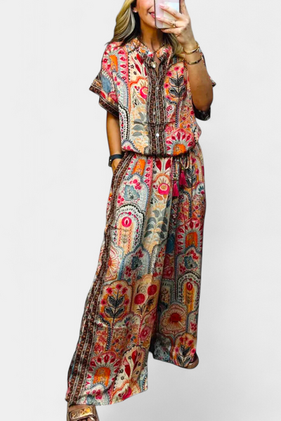 Conjunto Boho Hallie: Blusa con Flecos y Pantalones Anchos