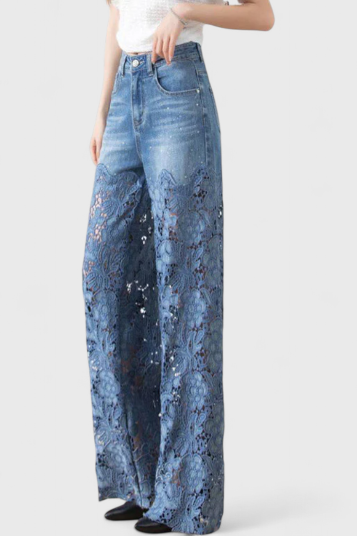 Jasiel Pantalones Palazzo de Denim con Encaje y Bordado Floral