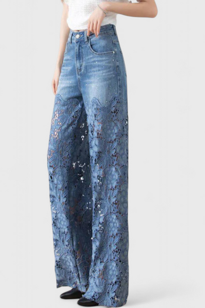 Jasiel Pantalones Palazzo de Denim con Encaje y Bordado Floral