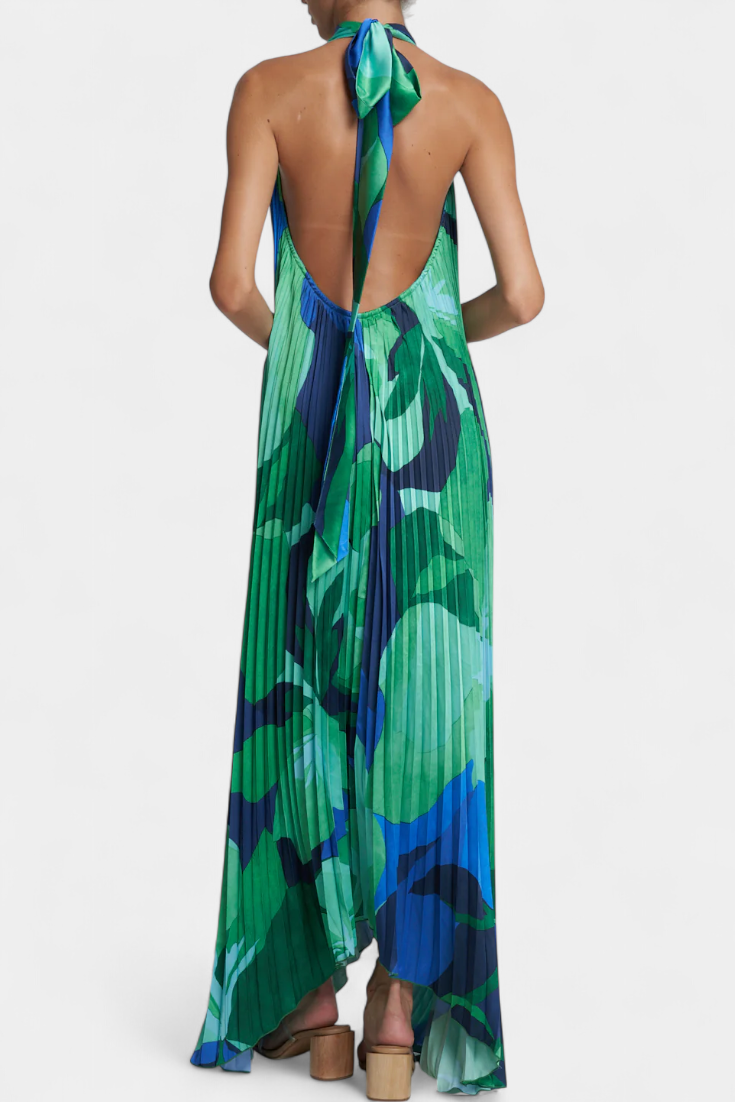 Giselle Vestido Largo Plisado con Escote Halter y Fluidez Elegante
