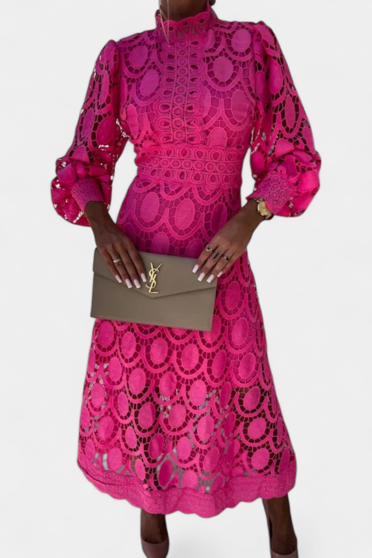 Vestido Midi de Encaje Lucinda con Mangas Abullonadas y Cuello Alto