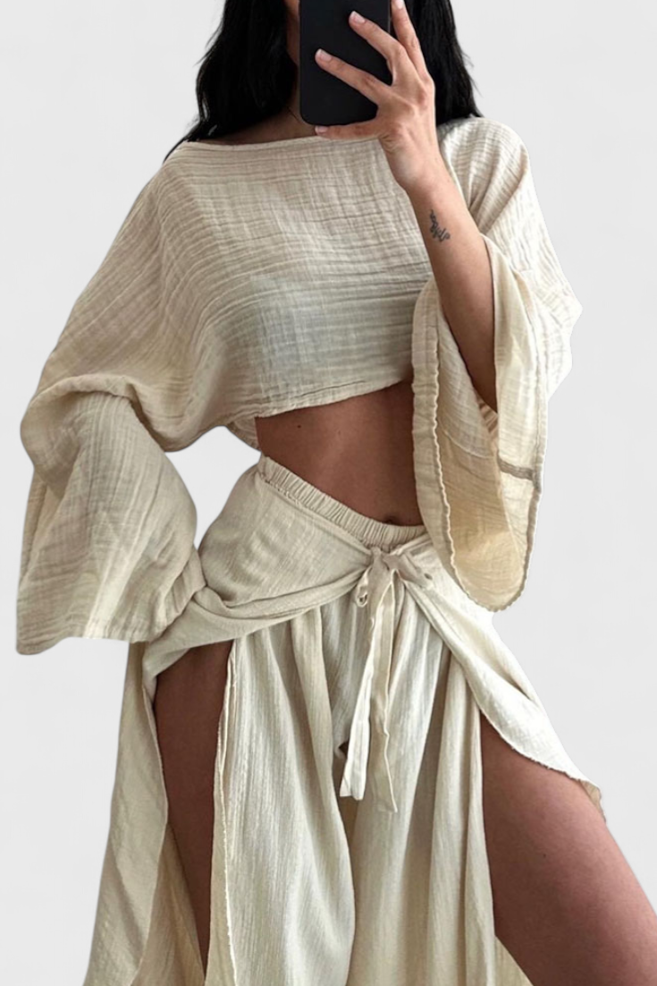 Maeva Conjunto Casual de Dos Piezas con Detalle de Abertura y Lazo