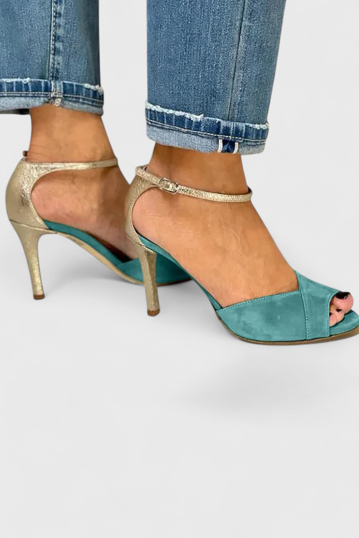 Zapatos Peep-Toe Melas con Tacón Alto y Elegante Correa