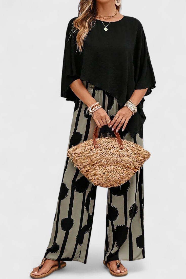 Aleida Conjunto Asimétrico: Top y Pantalón con Estampado