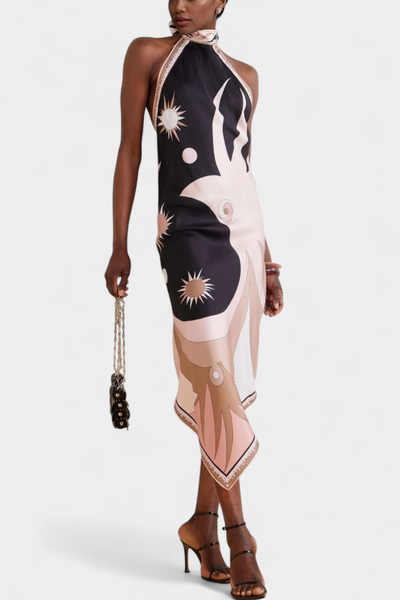 Vestido Rosenda con Espalda Abierta y Diseño Abstracto