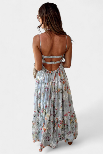 Vestido Floral Neha con Espalda Descubierta y Tirantes Delgados