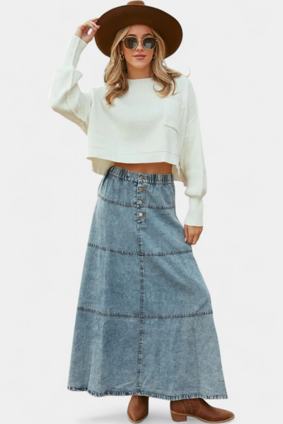 Lorraine Falda Larga de Denim con Detalles de Pluma