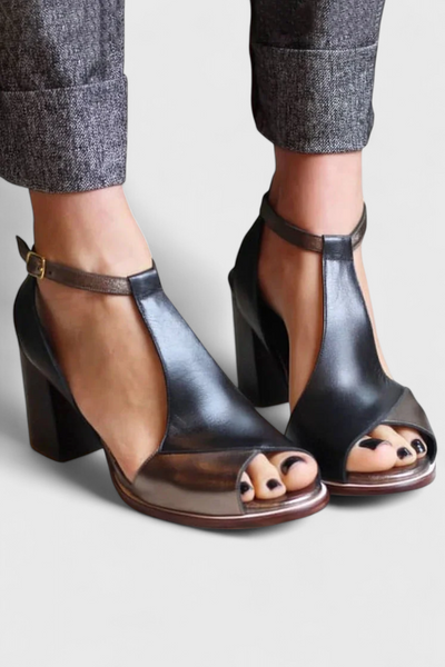 Vasilica Tacones Anchos con Punta Abierta, Diseño Patchwork y Correa en el Tobillo