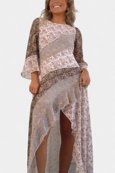 Vestido Largo Floral Ruth con Mangas 3/4 y Paneles con Volantes