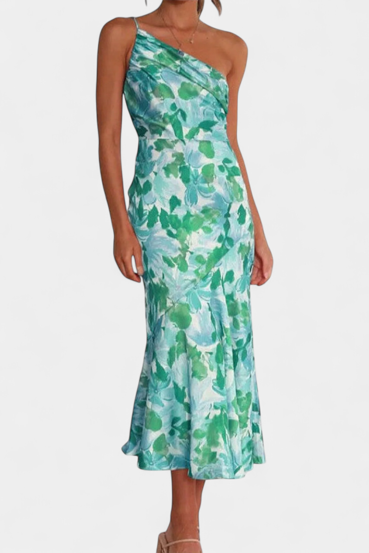 Vestido Asimétrico de Un Hombro Reya con Diseño Floral