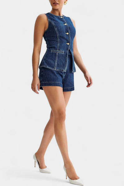 Chaleco Denim Sin Mangas Raya y Shorts de Cintura Alta