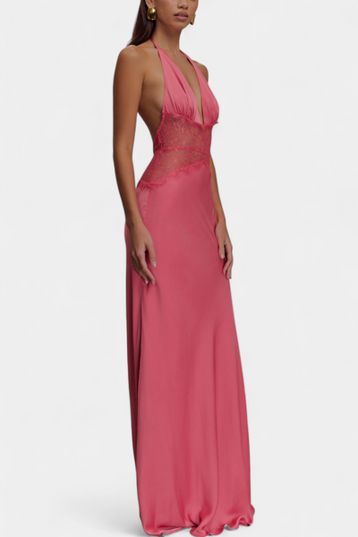 Vestido Largo Ashanty con Escote Halter y Cintura de Encaje Transparente