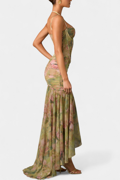 Vestido Maxi Floral Asimétrico Amryn con Volantes