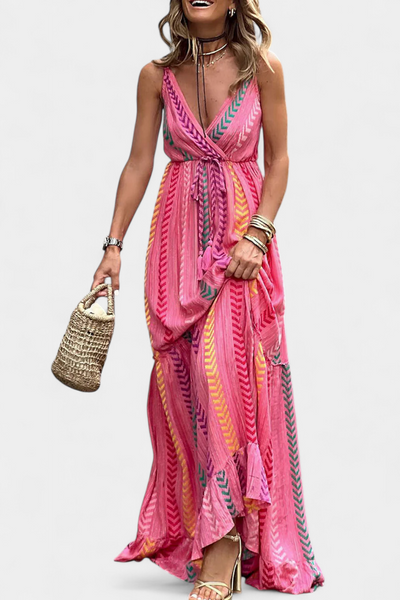 Asunción Vestido Largo Multicolor con Rayas Rosas
