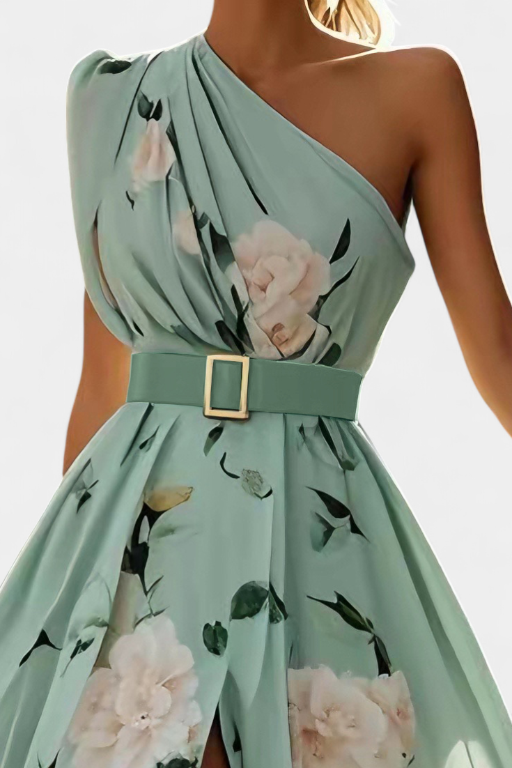 Nila Vestido Floral con Detalles Fruncidos y Abertura de Gasa
