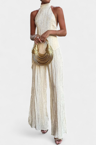 Pilarica Conjunto de Top Halter Asimétrico y Pantalón Fluido con Pliegues