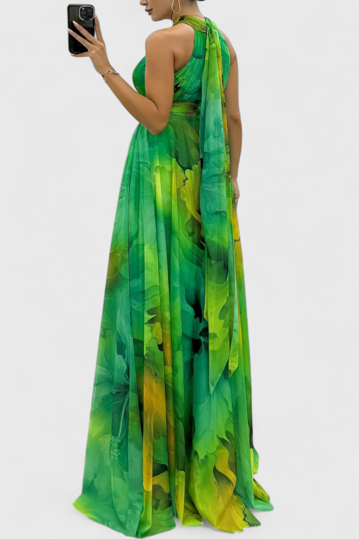 Vestido Maxi de Gasa Caprice con Estampado Floral y Cuello Halter