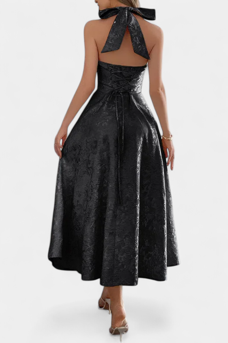 Gilda Midi Dress in Jacquard with Open Back and High Waist