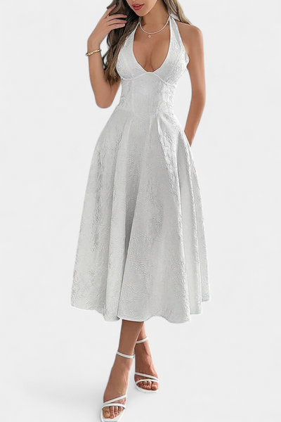 Gilda Midi Dress in Jacquard with Open Back and High Waist