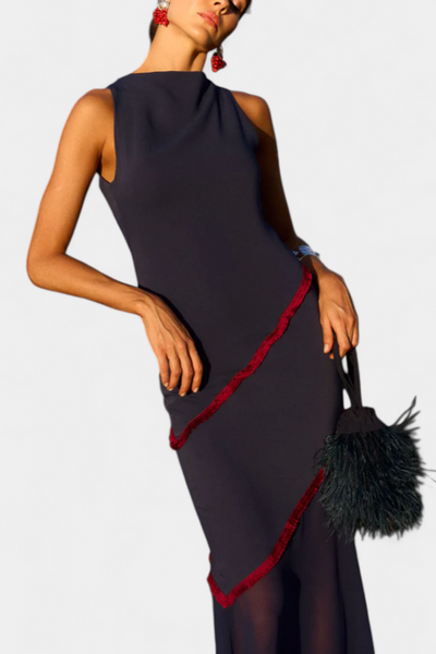 Orfila Vestido Midi Bodycon con Gasa y Flecos en Contraste
